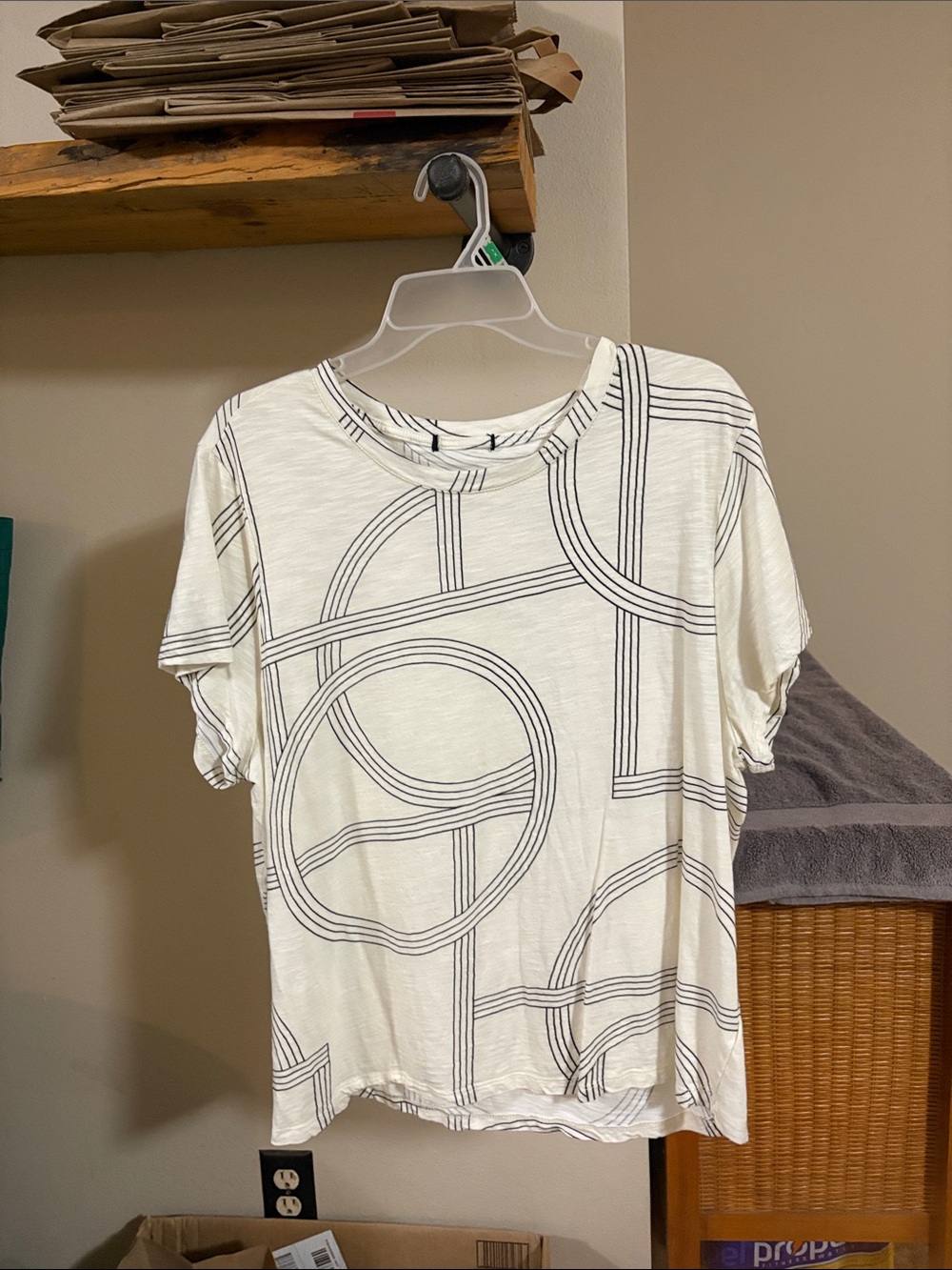 Cream Short Sleeve Tee with Black Geometric Print - Casual Women's Top